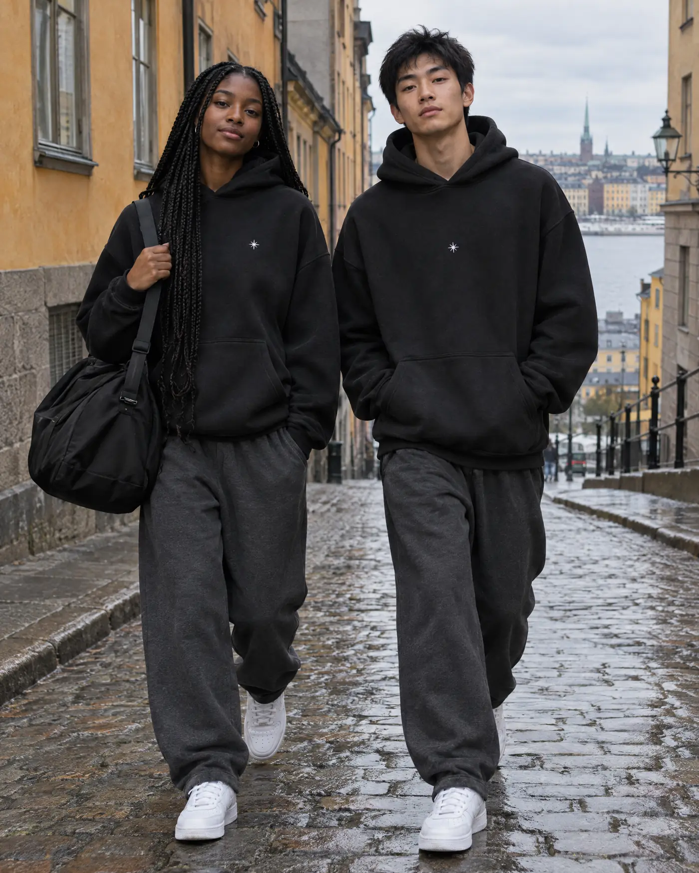 Två tonåringar i svarta oversized hoodies och grå mjukisbyxor på en kullerstensgata i Stockholm.