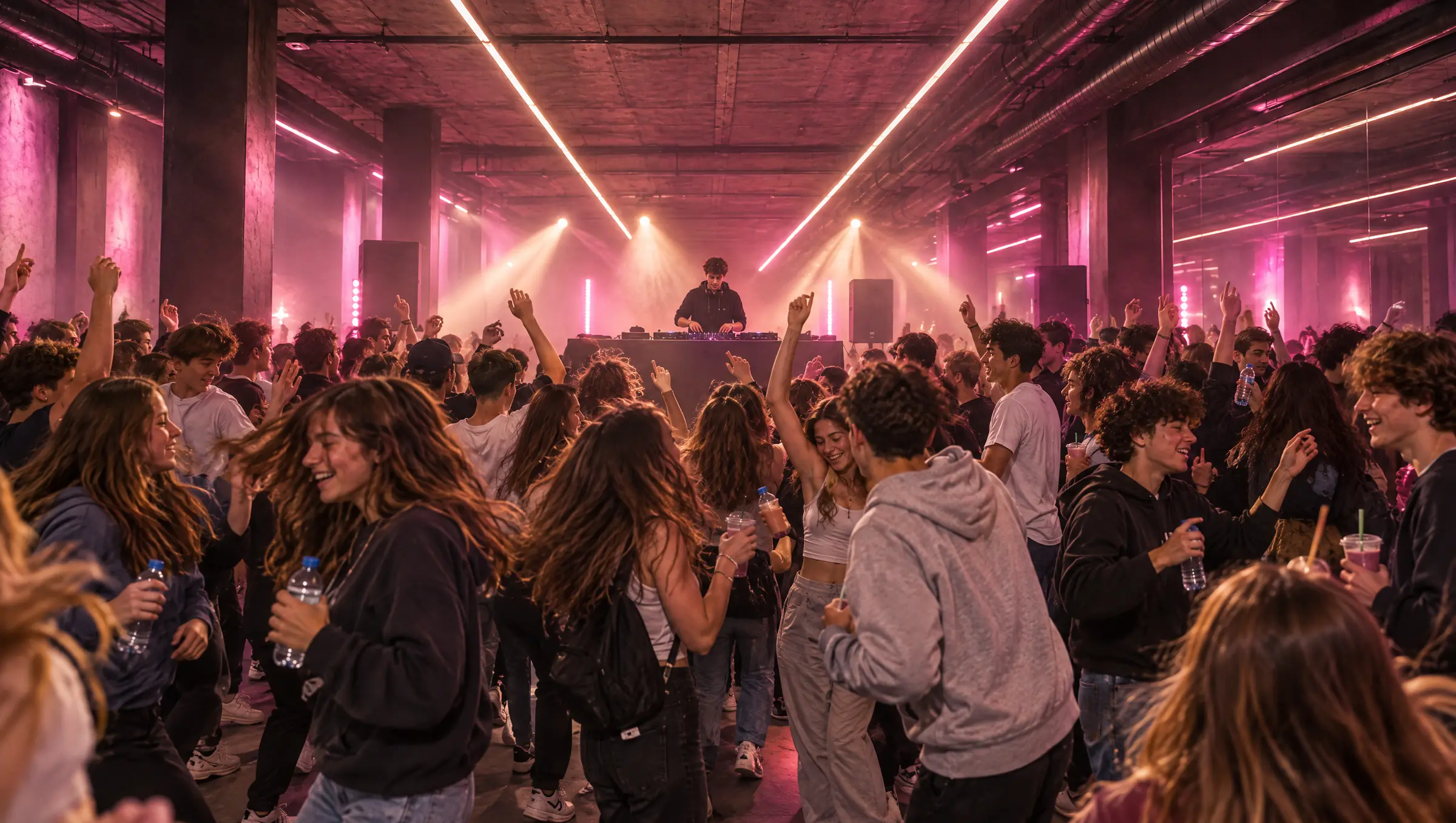 Alkoholfri musikkväll: en ung DJ och tonåringar som dansar i varmt och rosa ljus.